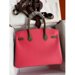 Hermes HSS Birkin 30 Bicolor Bag in Rose Lipstick and Taupe Epsom Calfskin TDBS26257