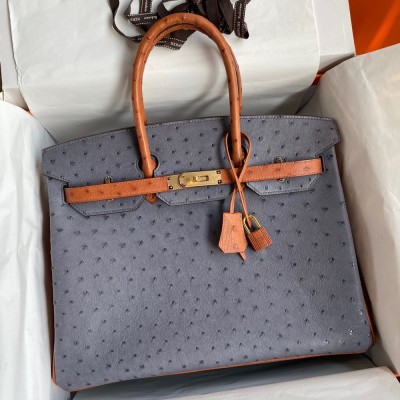 Hermes HSS Birkin 35 Bicolor Bag in Gris Agate and Gold Ostrich Leather TDBS26258