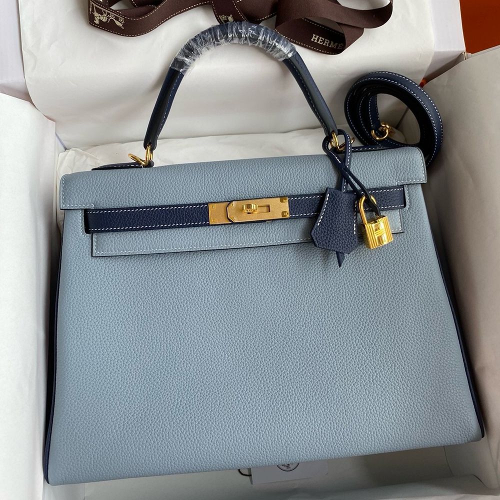 Hermes HSS Kelly 32 Bicolor Bag in Blue Lin and Blue Clemence Leather  TDBS26888