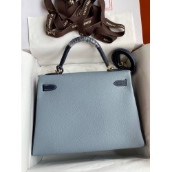 Hermes HSS Kelly 32 Bicolor Bag in Blue Lin and Blue Clemence Leather  TDBS26888