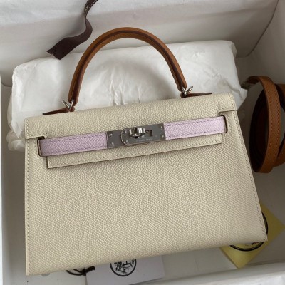 Hermes HSS Kelly Mini II Sellier Tri-color Bag In Craie/Pink/Gold Epsom Calfskin TDBS26889