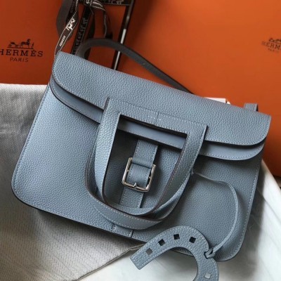 Hermes Halzan Bag In Blue Lin Clemence Leather TDBS26425