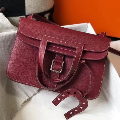 Hermes Halzan Bag In Bordeaux Clemence Leather TDBS26377