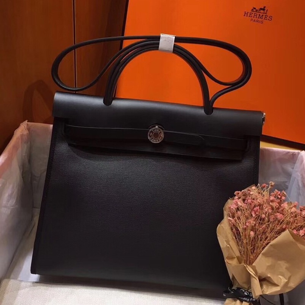 Hermes Herbag Zip 31cm Bag In Black Leather And Toile TDBS26730