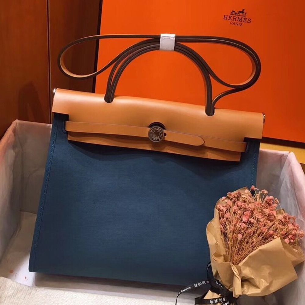 Hermes Herbag Zip 31cm Bag In Brown And Blue TDBS26732