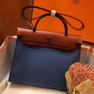 Hermes Herbag Zip 31cm Bag In Camel And Blue TDBS26736