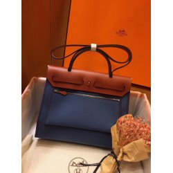 Hermes Herbag Zip 31cm Bag In Camel And Blue TDBS26736