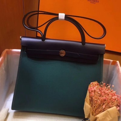 Hermes Herbag Zip 31cm Bag In Navy And Green TDBS26738