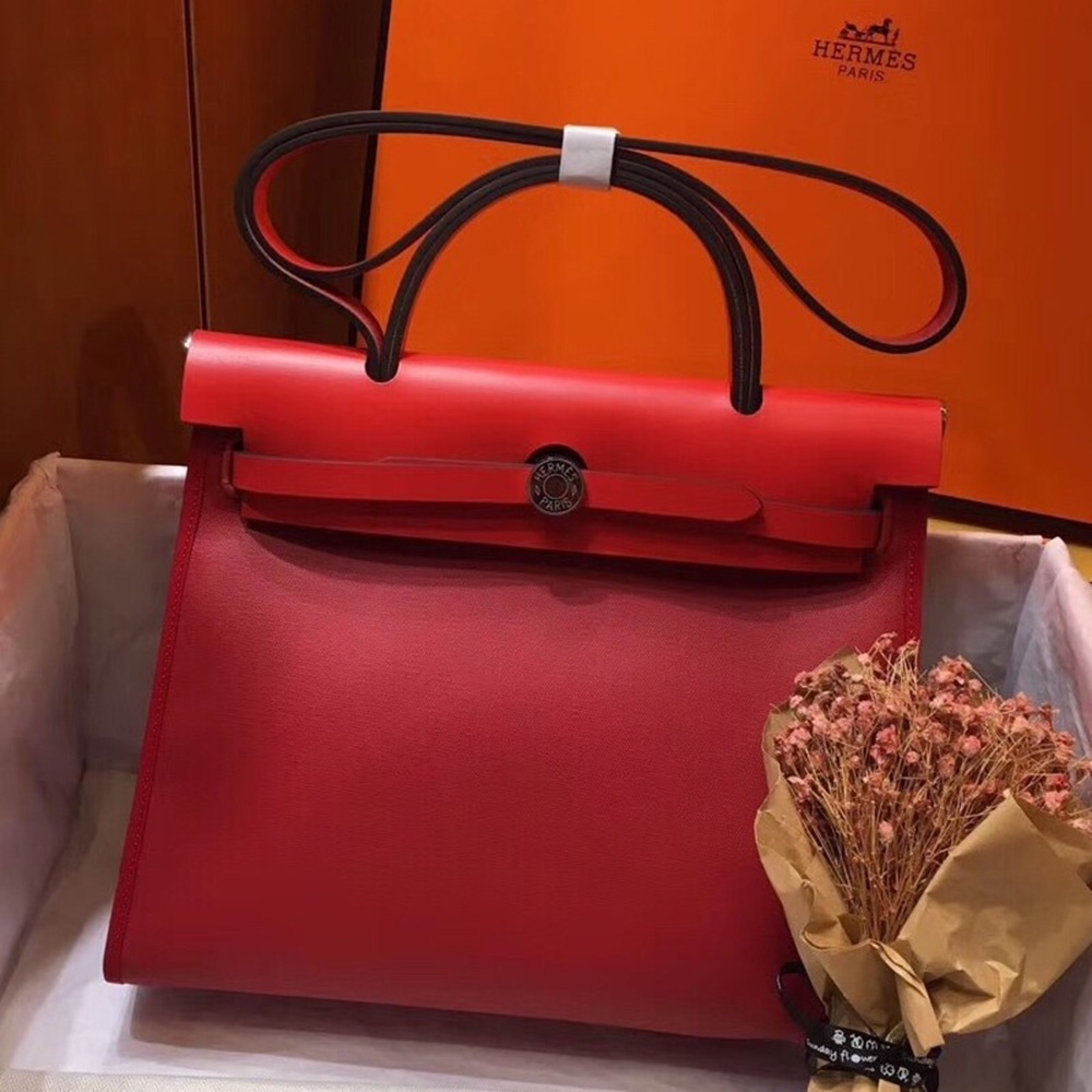 Hermes Herbag Zip 31cm Bag In Red Toile And Leather TDBS26739