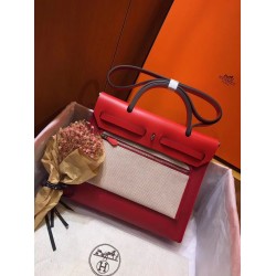 Hermes Herbag Zip 31cm Bag In Red Toile And Leather TDBS26739