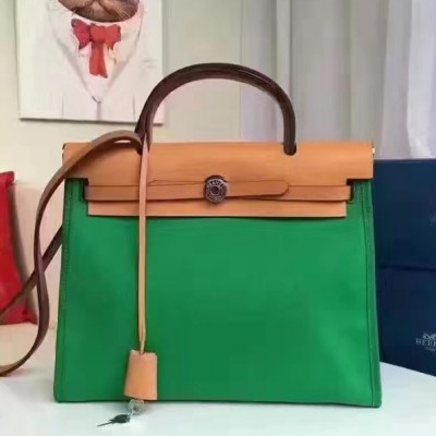 Hermes Herbag Zip PM 31cm Bag In Green Canvas TDBS26745