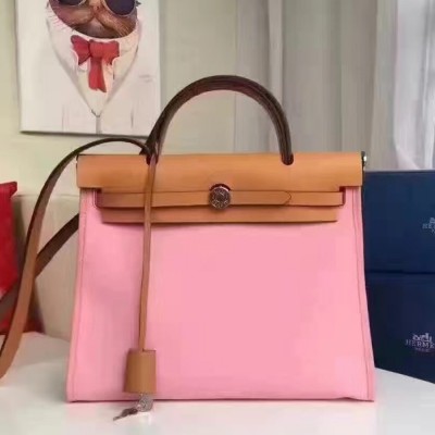 Hermes Herbag Zip PM 31cm Bag In Pink Canvas TDBS26747