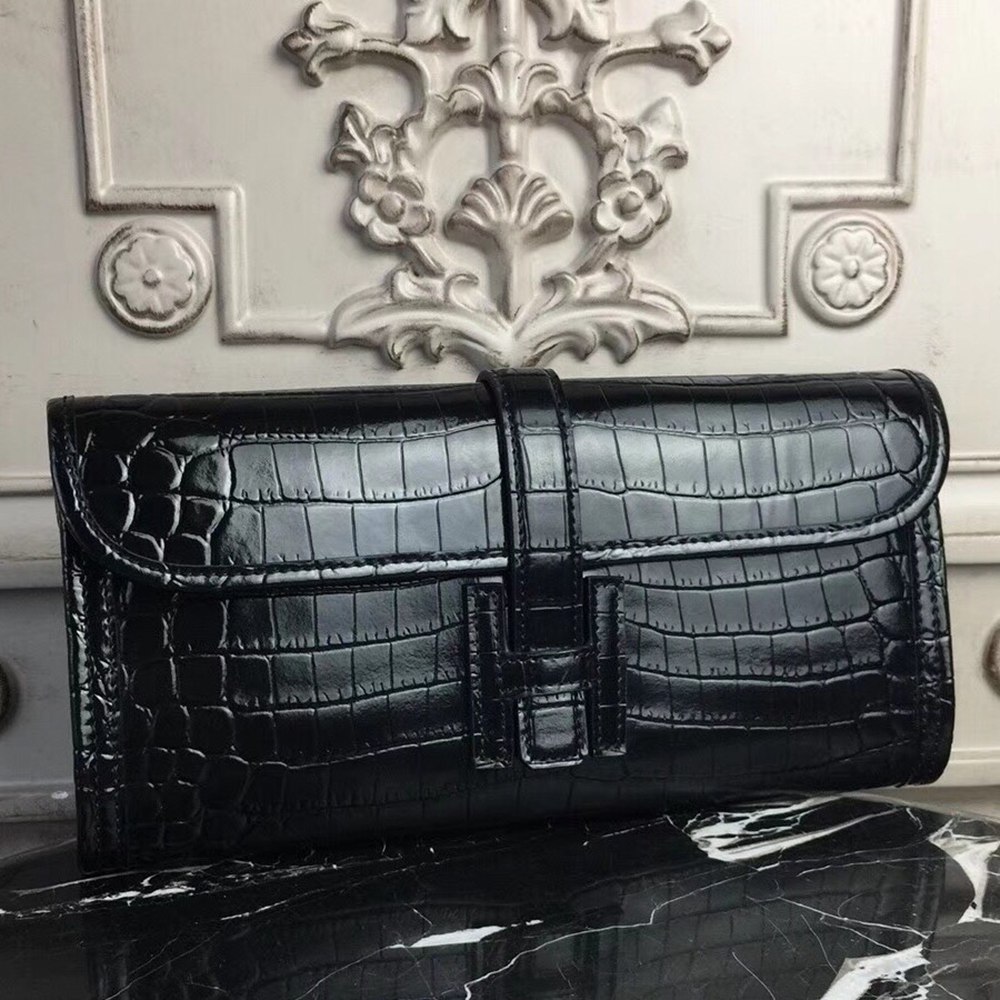 Hermes Jige Elan 29 Clutch In Black Crocodile Leather TDBS26595