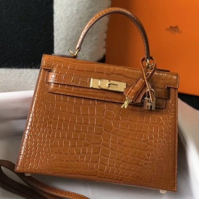 Hermes Kelly 25 cm Bag In Brown Embossed Crocodile TDBS26893