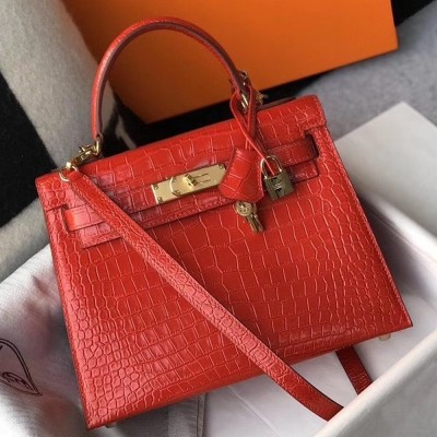 Hermes Kelly 25 cm Bag In Red Embossed Crocodile TDBS26894