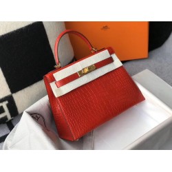 Hermes Kelly 25 cm Bag In Red Embossed Crocodile TDBS26894