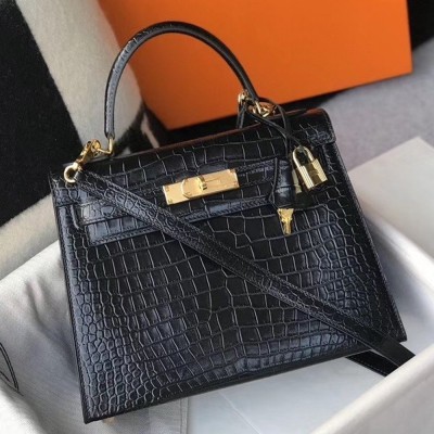 Hermes Kelly 25cm Bag In Black Embossed Crocodile TDBS26895