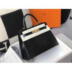 Hermes Kelly 25cm Bag In Black Embossed Crocodile TDBS26895