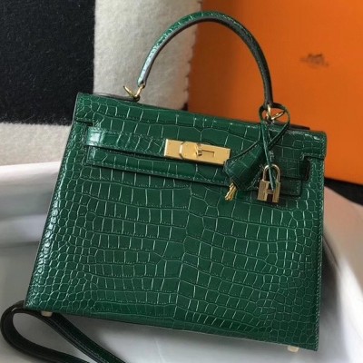 Hermes Kelly 25cm Bag In Green Embossed Crocodile TDBS26896