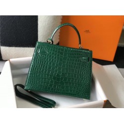 Hermes Kelly 25cm Bag In Green Embossed Crocodile TDBS26896