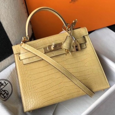 Hermes Kelly 25cm Bag In Jaune Poussin Embossed Crocodile TDBS26897