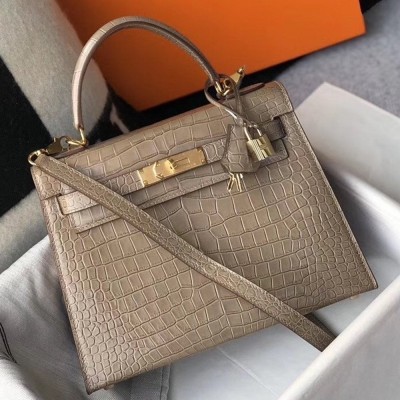 Hermes Kelly 25cm Bag In Taupe Embossed Crocodile TDBS26899