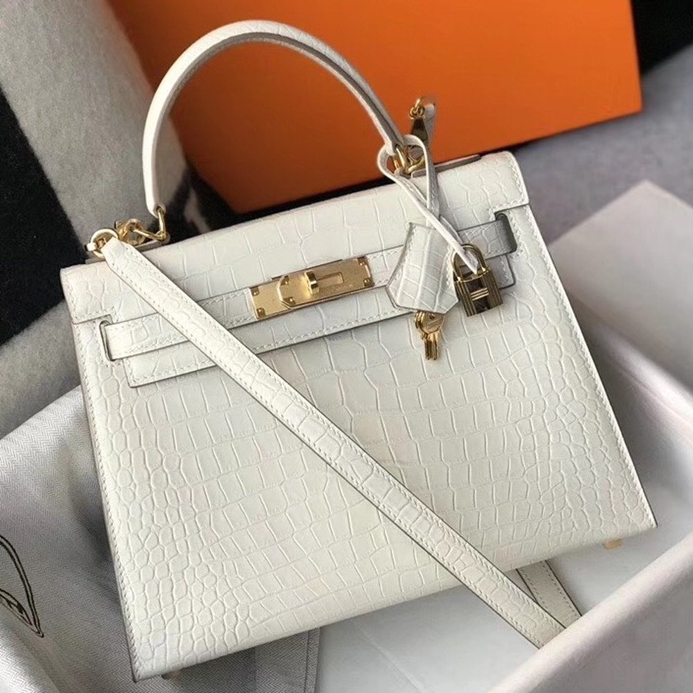 Hermes Kelly 25cm Bag In White Embossed Crocodile TDBS26900