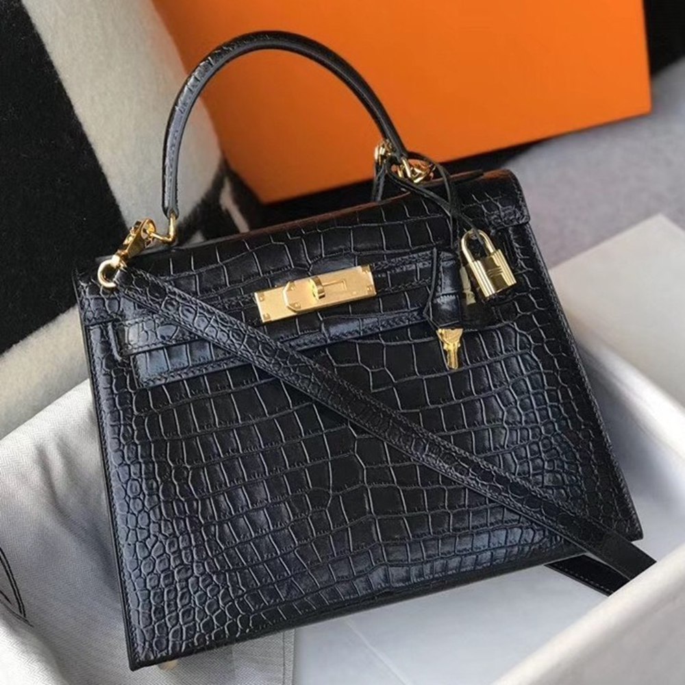 Hermes Kelly 28cm Bag In Black Embossed Crocodile GHW TDBS26914