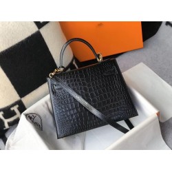 Hermes Kelly 28cm Bag In Black Embossed Crocodile GHW TDBS26914