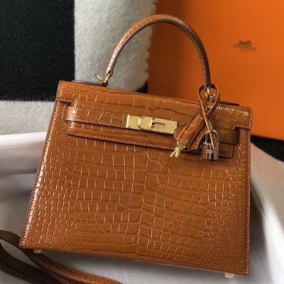 Hermes Kelly 28cm Bag In Brown Embossed Crocodile GHW TDBS26915