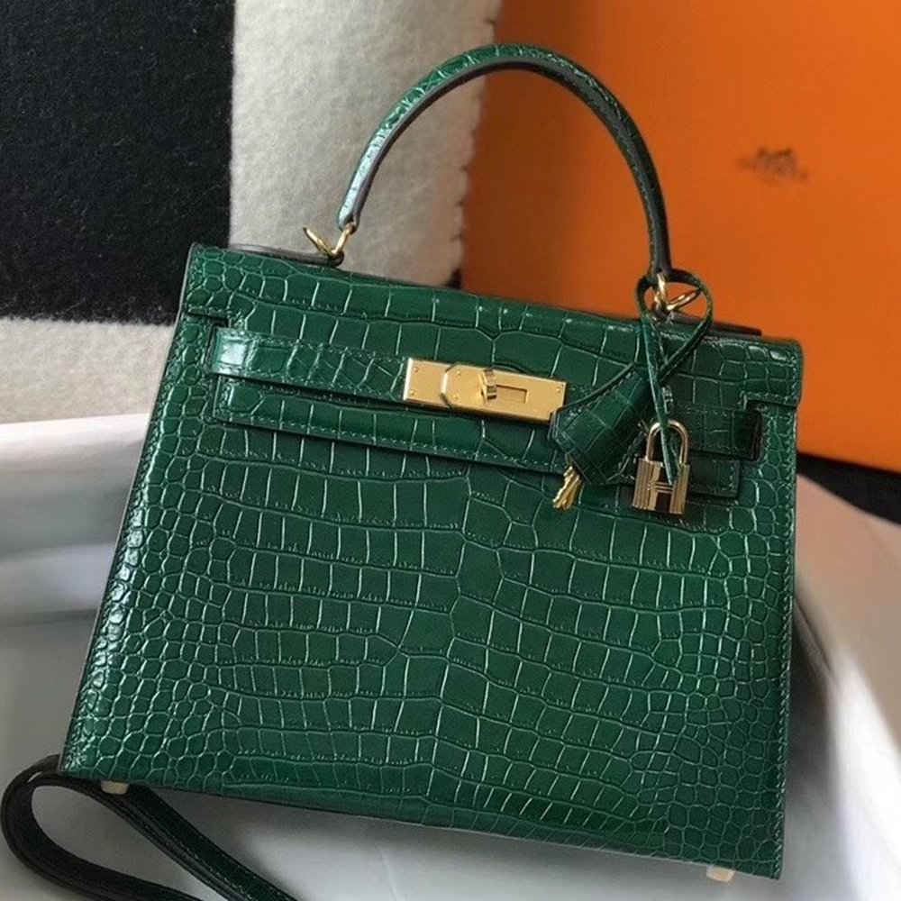 Hermes Kelly 28cm Bag In Green Embossed Crocodile GHW TDBS26916