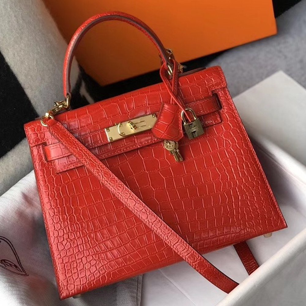 Hermes Kelly 28cm Bag In Red Embossed Crocodile GHW TDBS26919