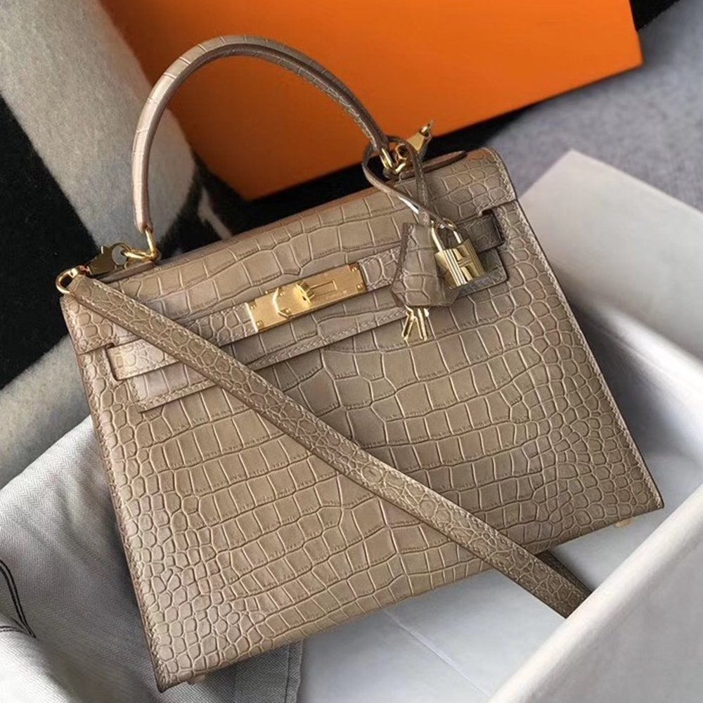 Hermes Kelly 28cm Bag In Taupe Embossed Crocodile GHW TDBS26920