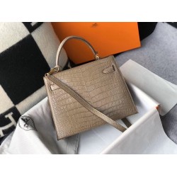 Hermes Kelly 28cm Bag In Taupe Embossed Crocodile GHW TDBS26920