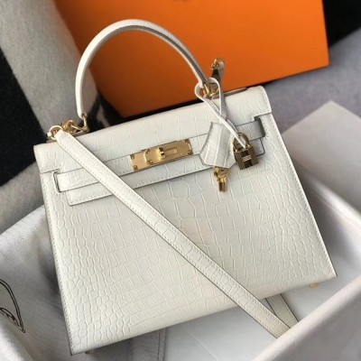 Hermes Kelly 28cm Bag In White Embossed Crocodile GHW TDBS26921