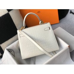 Hermes Kelly 28cm Bag In White Embossed Crocodile GHW TDBS26921