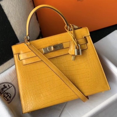 Hermes Kelly 28cm Bag In Yellow Embossed Crocodile GHW TDBS26922