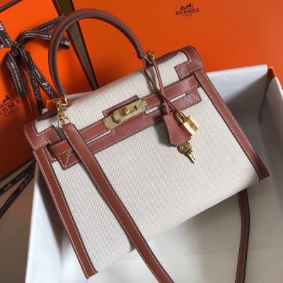 Hermes Kelly 28cm Sellier Bag In Canvas With Barenia Leather TDBS26933