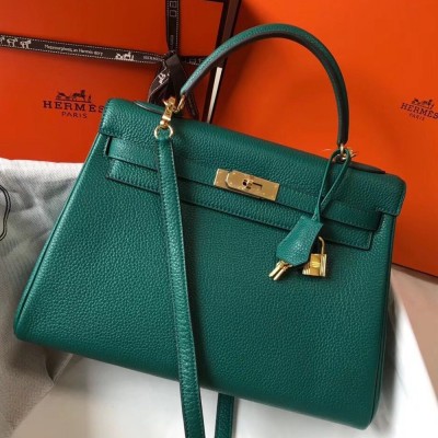 Hermes Kelly 32cm Retourne Bag In Malachite Clemence Leather TDBS26942