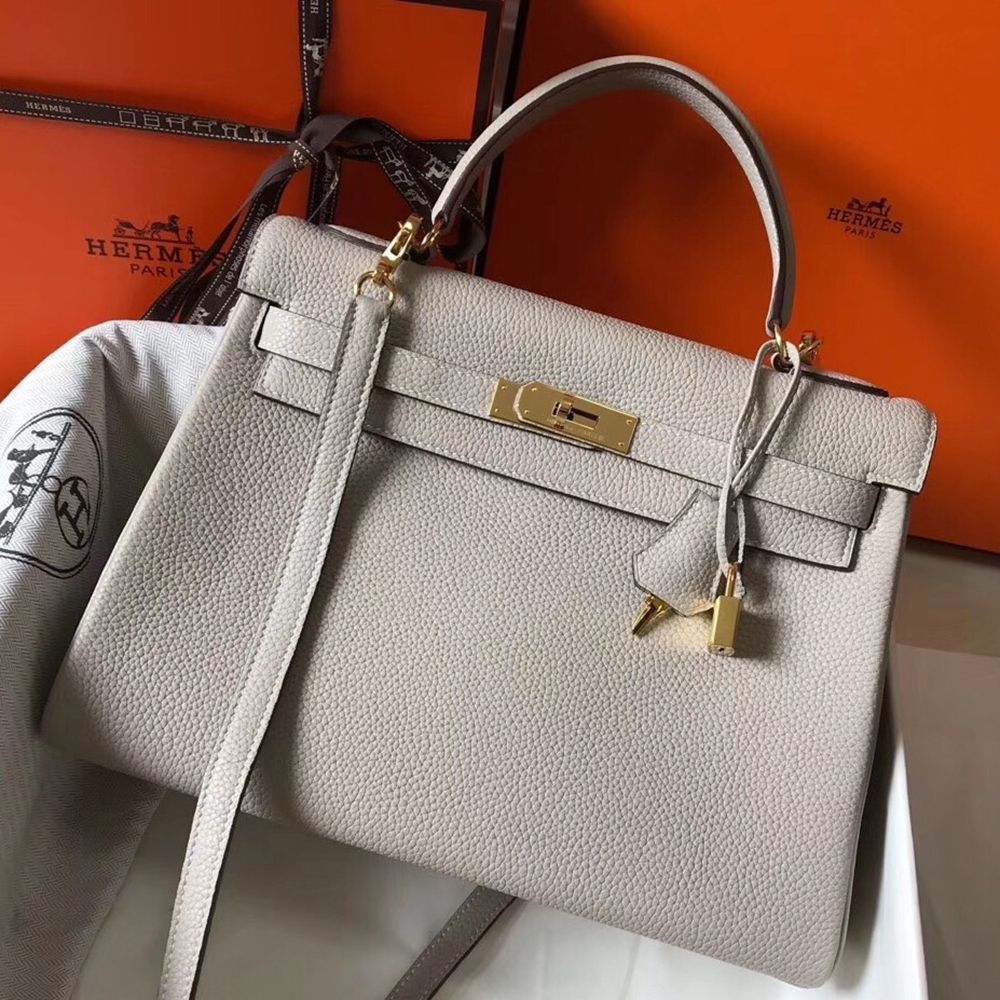 Hermes Kelly 32cm Retourne Bag In Pearl Grey Clemence Leather TDBS26943