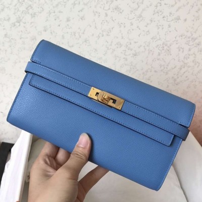 Hermes Kelly Classic Long Wallet In Blue Jean Epsom Leather TDBS27756