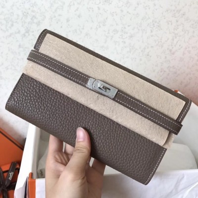 Hermes Kelly Classic Long Wallet In Etoupe Clemence Leather TDBS27759