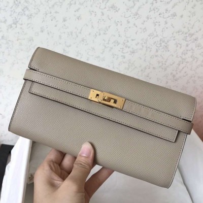 Hermes Kelly Classic Long Wallet In Grey Epsom Leather TDBS27760