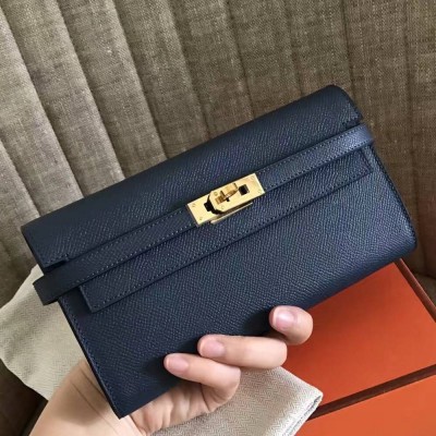 Hermes Kelly Classic Long Wallet In Navy Epsom Leather TDBS27762