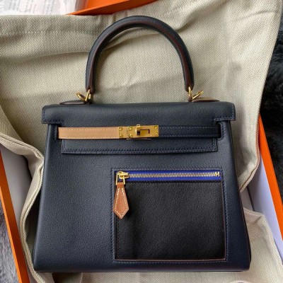 Hermes Kelly Colormatic 25 Handmade Bag in Blue Nuit Swift Leather  TDBS26946