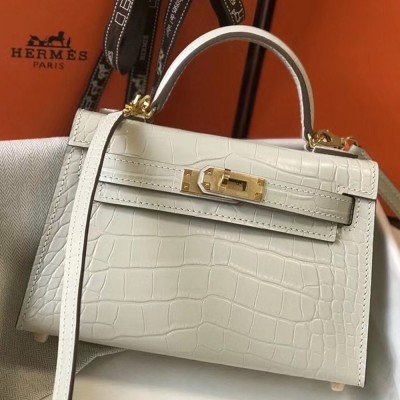 Hermes Kelly Mini II Bag In Beton Crocodile Embossed Leather TDBS26961