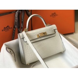 Hermes Kelly Mini II Bag In Beton Crocodile Embossed Leather TDBS26961