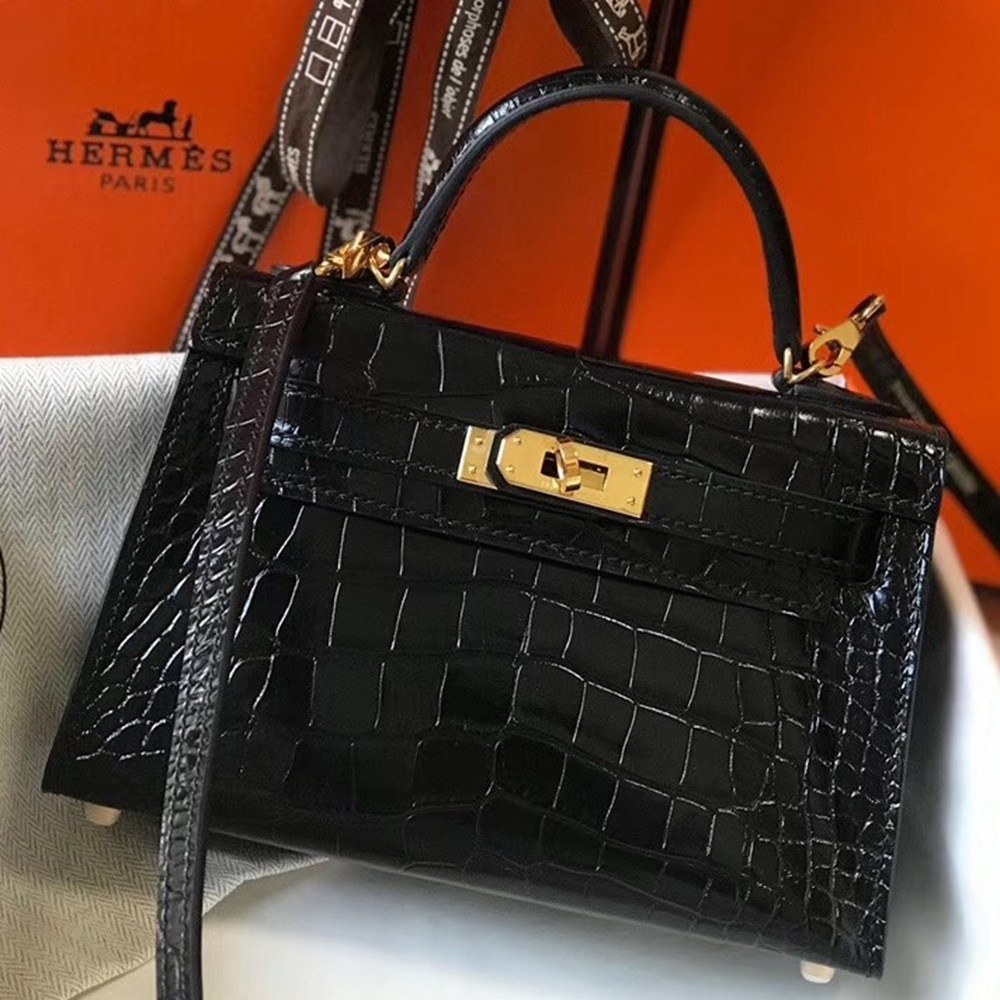 Hermes Kelly Mini II Bag In Black Crocodile Embossed Leather TDBS26963