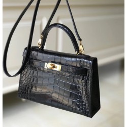 Hermes Kelly Mini II Bag In Black Crocodile Embossed Leather TDBS26963