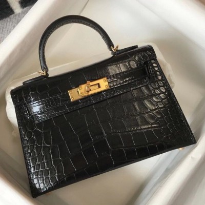 Hermes Kelly Mini II Bag In Black Embossed Crocodile Calfskin TDBS26964